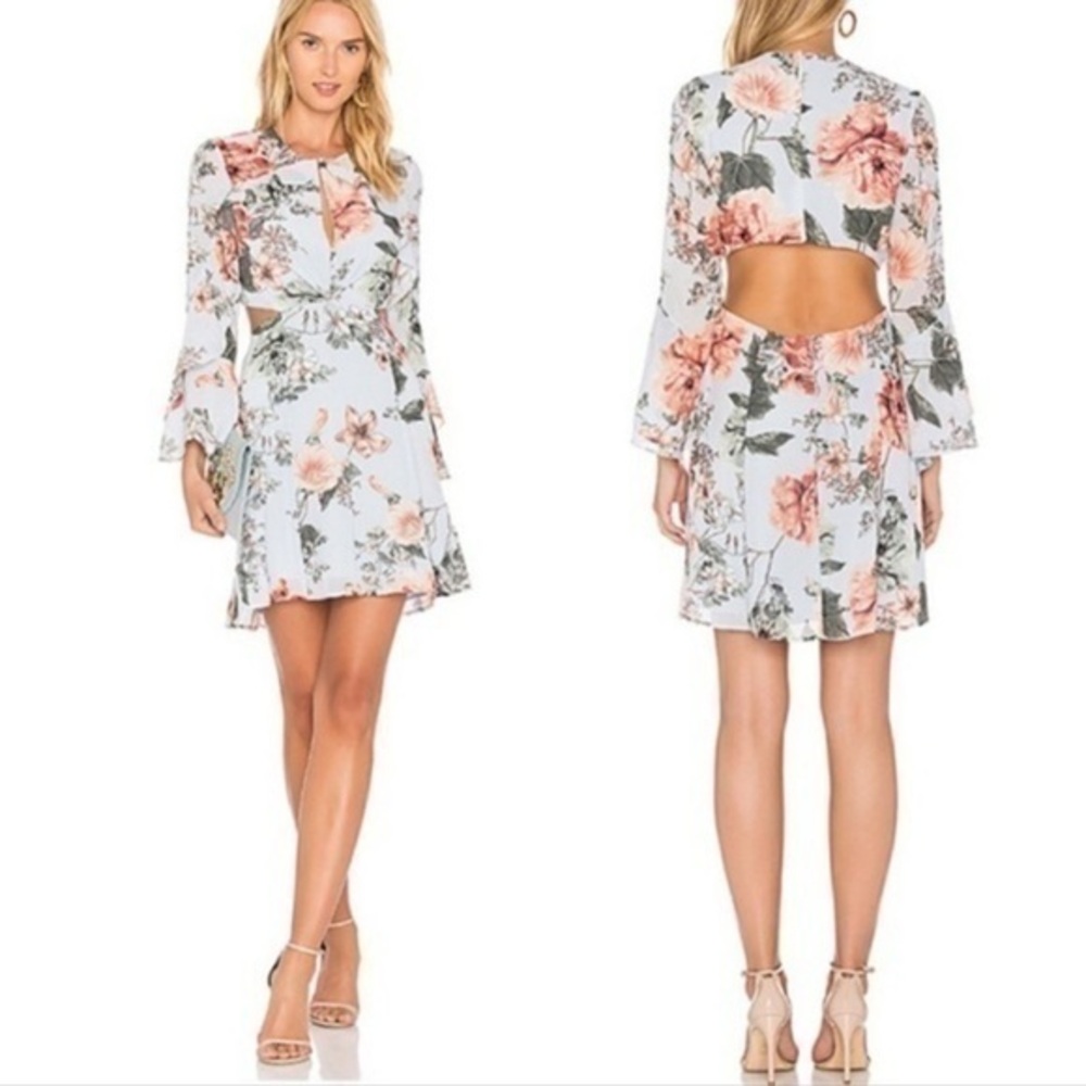 Bardot x Revolve Cutout Floral Frill Long Bell Sleeve Mini Dress in Blue Pink 6